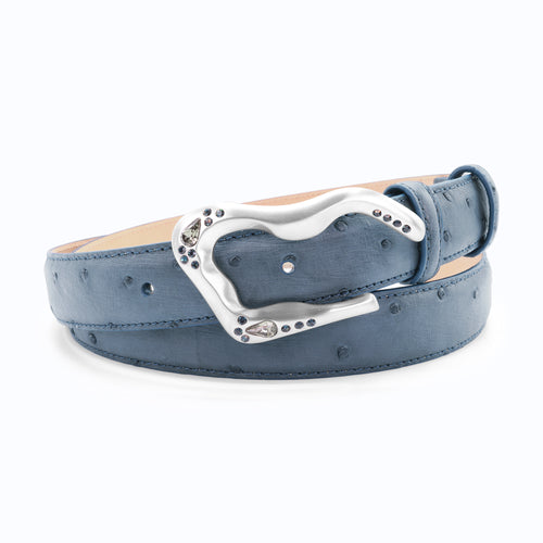 Narrow Navy Blue Genuine Ostrich Crystal Swirl Belt