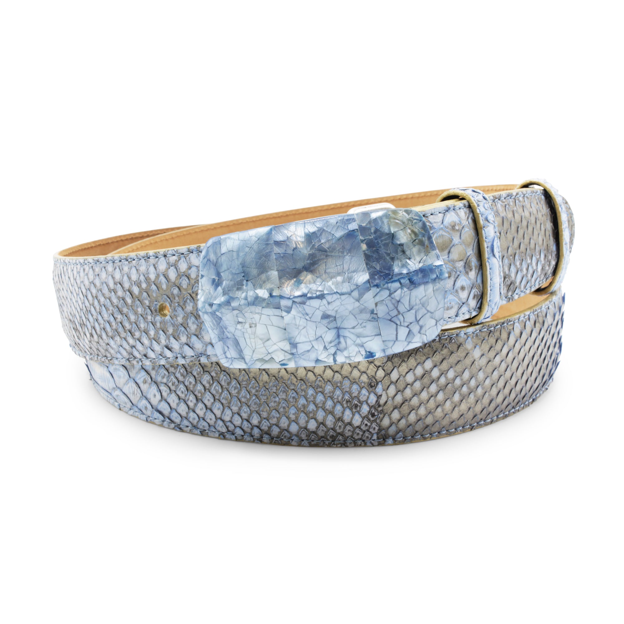 Bleached Denim Genuine Python Hump Back Paua Shell Belt – Elliot Rhodes Ltd