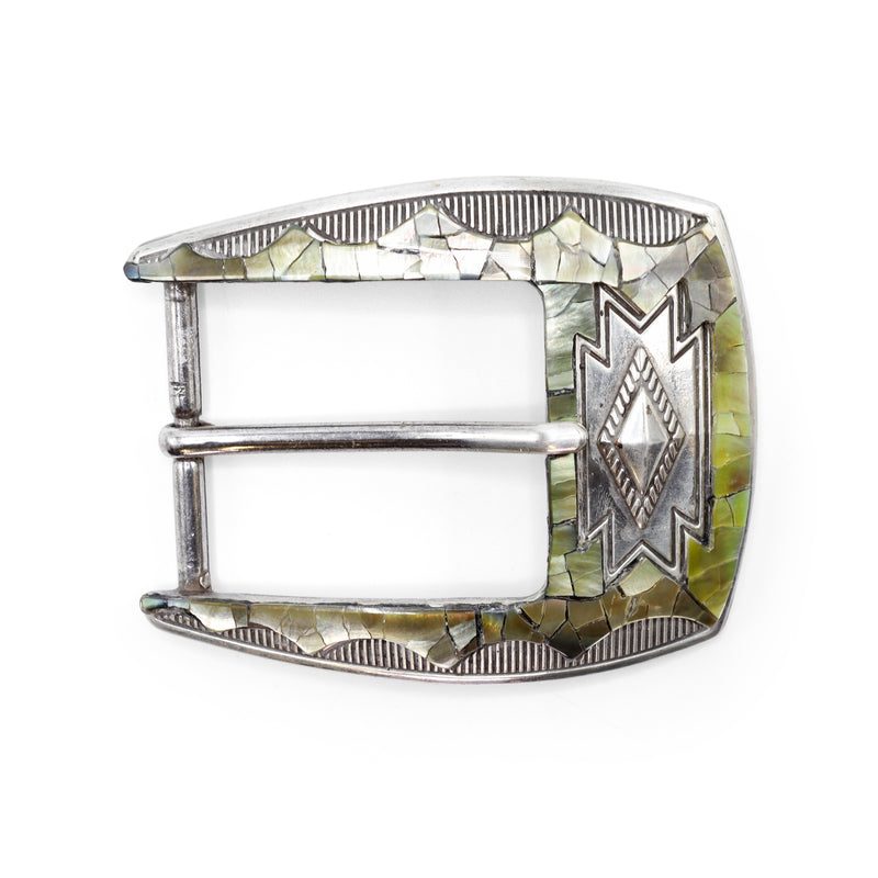 SILVER & PEARL WESTERN BELT Vintage silver and gold belt buckle w pearl like hand  main image 2