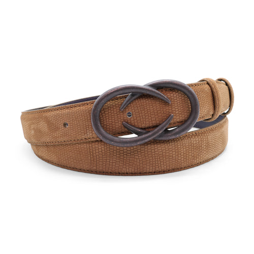 Narrow Tan Lizard Effect Nubuck Rust Interlock Belt