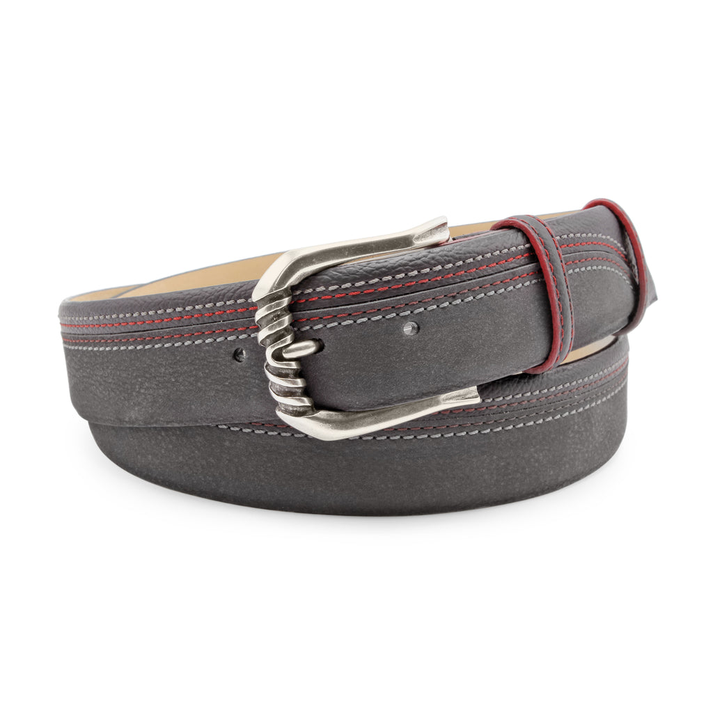 Asphalt Grey 'Sellers' Nubuck/Leather Mix Ridge Prong Quad Stitch Belt