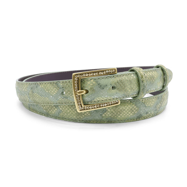 Matcha Skinny Metallic Python Effect Crystal Prong Belt – Elliot
