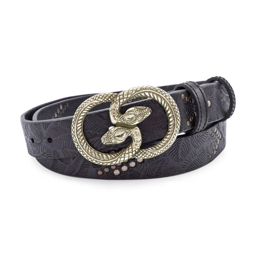 Dunaway Narrow Black Leaf Etched Studded Swirling Snake Belt