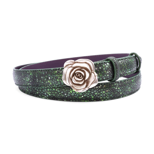 Metallic Moss Green Skinny Mock Stingray Rose Belt
