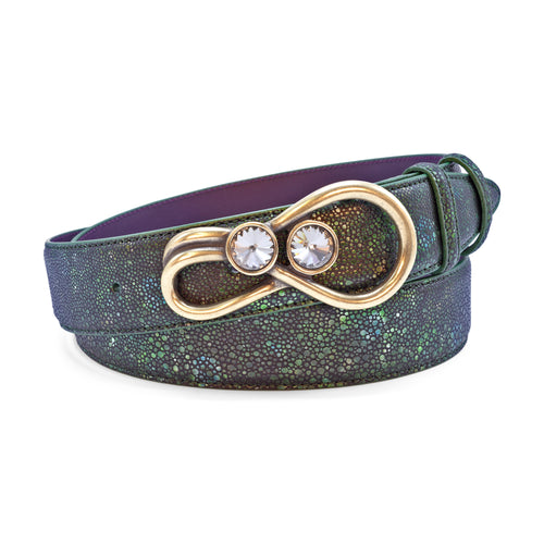 Metallic Moss Green Mock Stingray Crystal Loop Belt