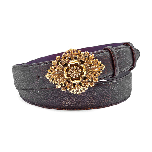 Dark Brown Metallic Mock Stingray Crystal Flower Belt