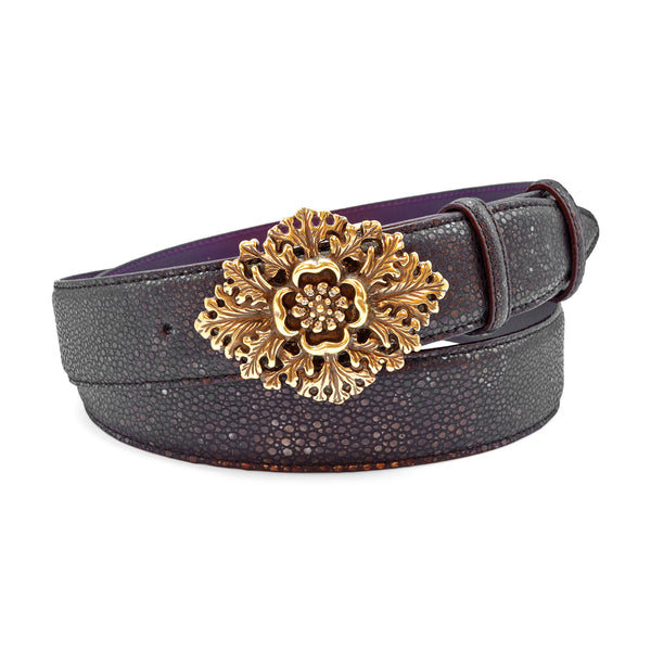 Dark Brown Metallic Mock Stingray Crystal Flower Belt  display picture 2