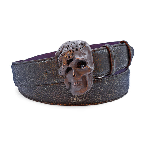 Dark Brown Metallic Mock Stingray Bubble Crystal Skull Belt