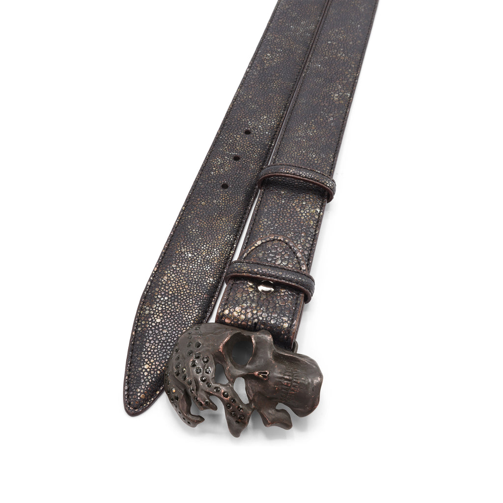 Dark Brown Metallic Mock Stingray Bubble Crystal Skull Belt