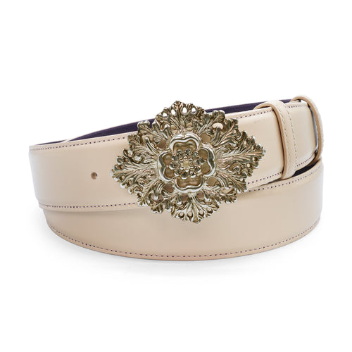 Oyster Tone Smooth Napa Crystal Flower Belt