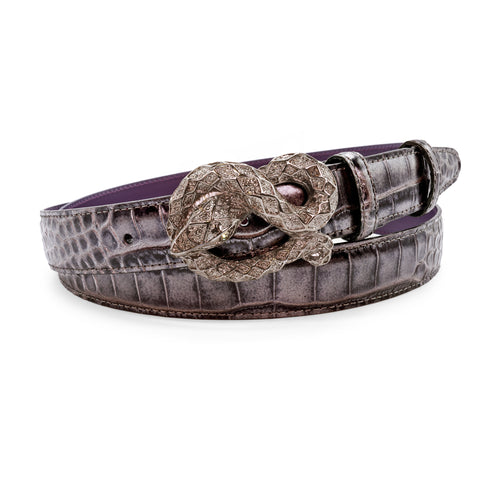 Metallic Gunmetal Mock Croc Narrow Wrapped Snake Belt