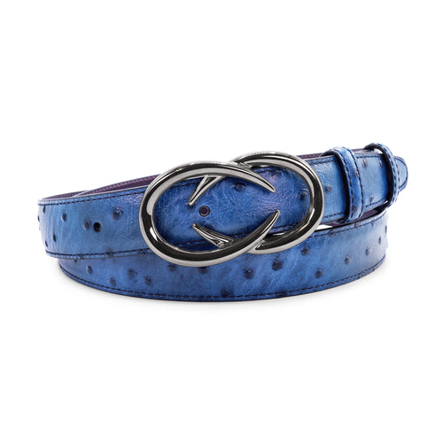 Narrow Denim Tone Mock Ostrich Gunmetal Interlock Belt