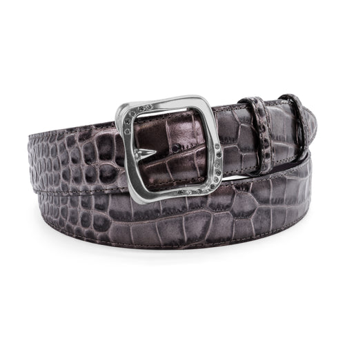 Gunmetal Metallic Effect Mock Croc Hammered Crystal Frame Belt