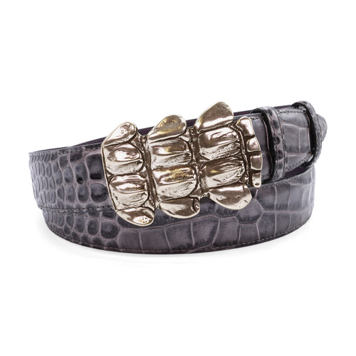 Gunmetal Metallic Effect Mock Croc Caiman Plate Belt