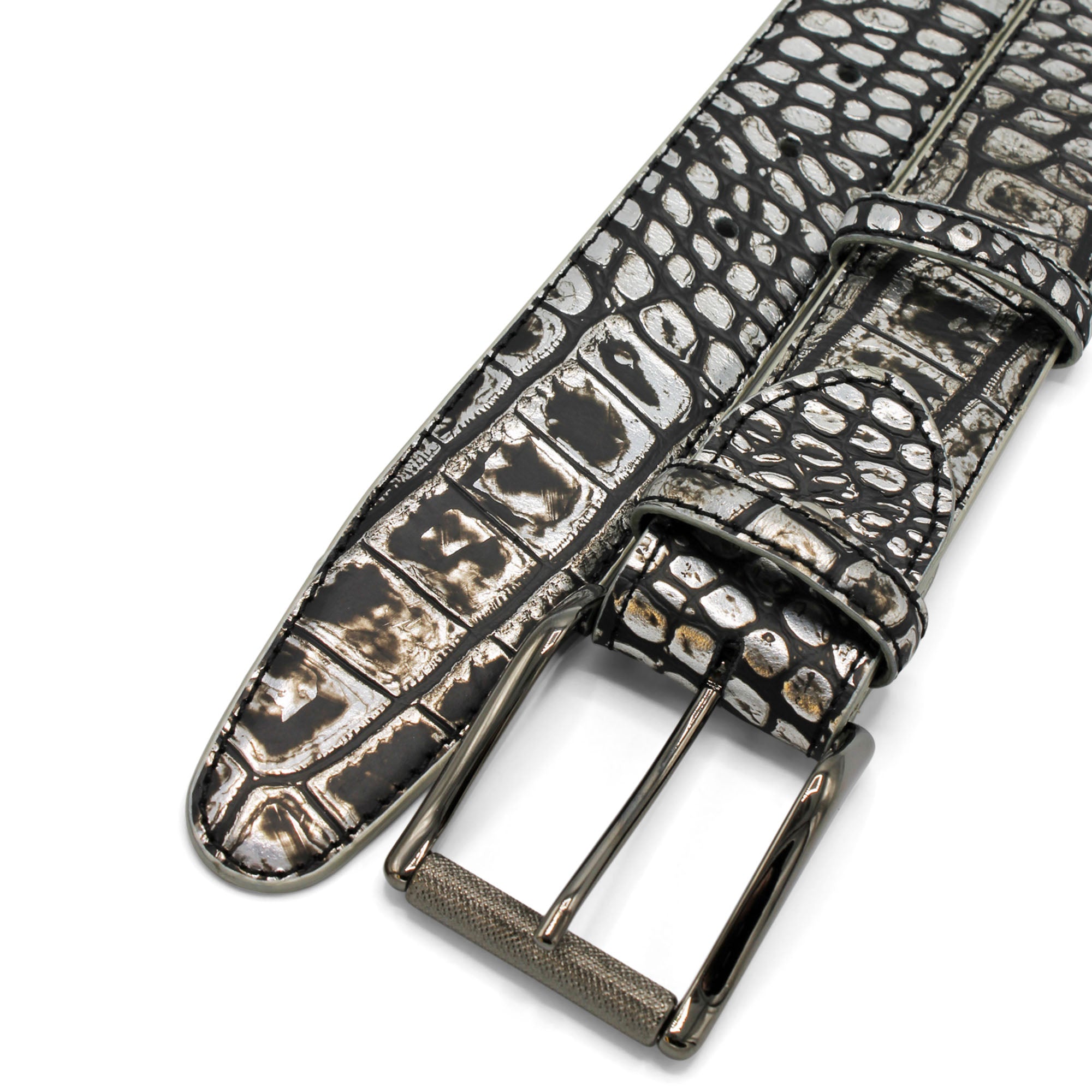 Silver Mirror Metallic Mock Croc Gunmetal Roller Belt – Elliot